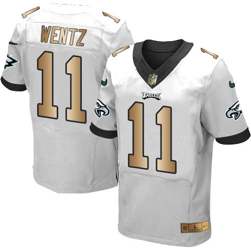 Nike Eagles #11 Carson Wentz White Men's Stitched NFL New Elite Gold Jersey - Click Image to Close